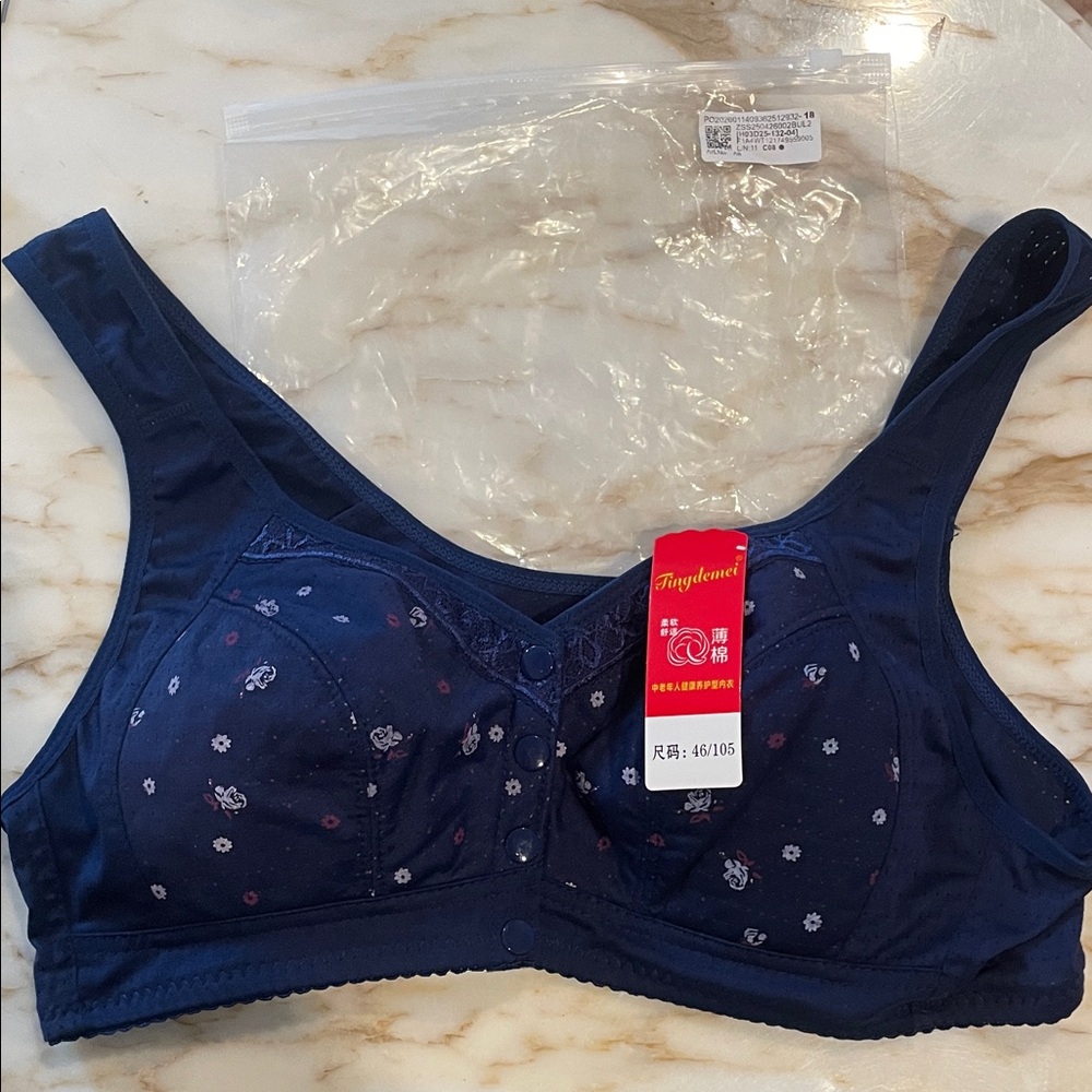 New 38B Navy Floral Wireless Comfort Snap Front Bra